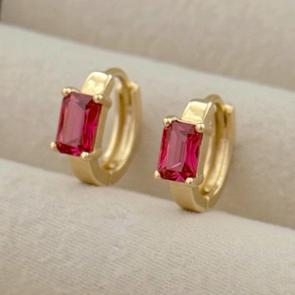 14K Gold Mini Huggie Hoops | Red Crystal | Waterproof
